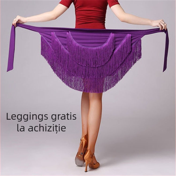 Fustă de dans Latin cu șorț și ciucuri, pentru femei adulte, material Milk Silk, 85% elastan, potrivită pentru spectacole de dans Latin, anotimpuri: vară, iarnă, primăvară, toamnă