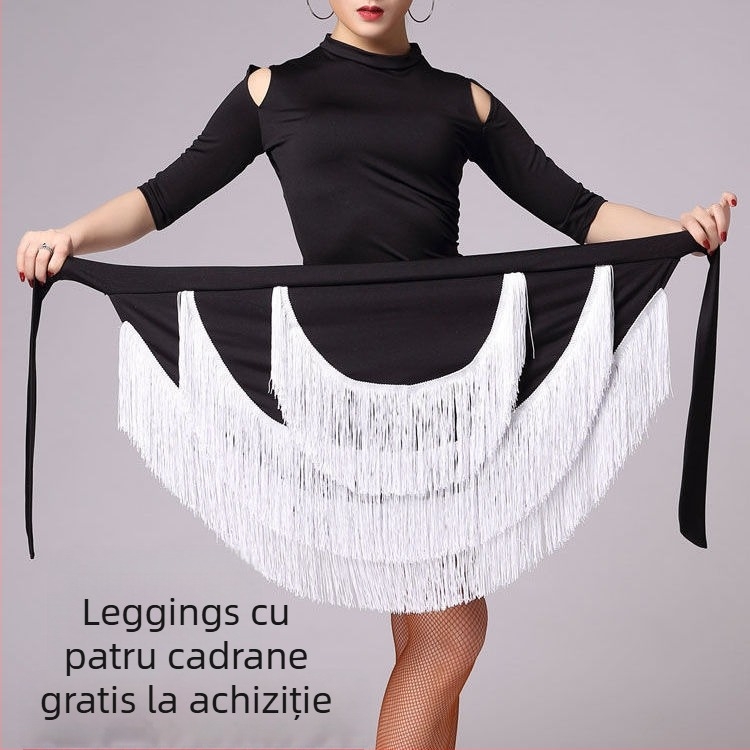 Fustă de dans Latin cu șorț și ciucuri, pentru femei adulte, material Milk Silk, 85% elastan, potrivită pentru spectacole de dans Latin, anotimpuri: vară, iarnă, primăvară, toamnă