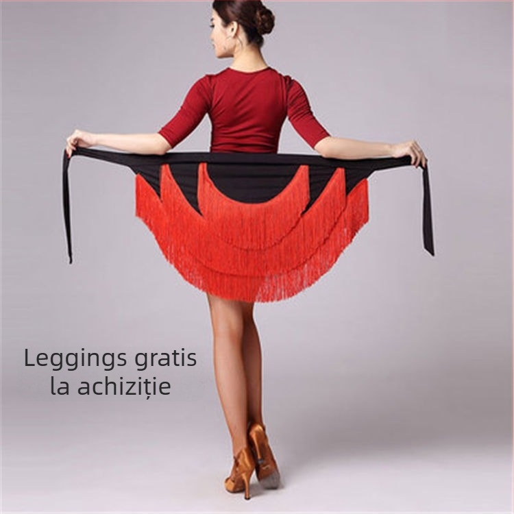Fustă de dans Latin cu șorț și ciucuri, pentru femei adulte, material Milk Silk, 85% elastan, potrivită pentru spectacole de dans Latin, anotimpuri: vară, iarnă, primăvară, toamnă