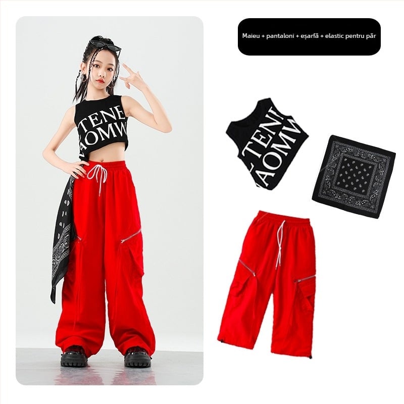 Costum de dans jazz pentru copii – stil stradal, țesătură din fibre de acetat cu tratament moale, fibră principală acetat, sezon vară 2025