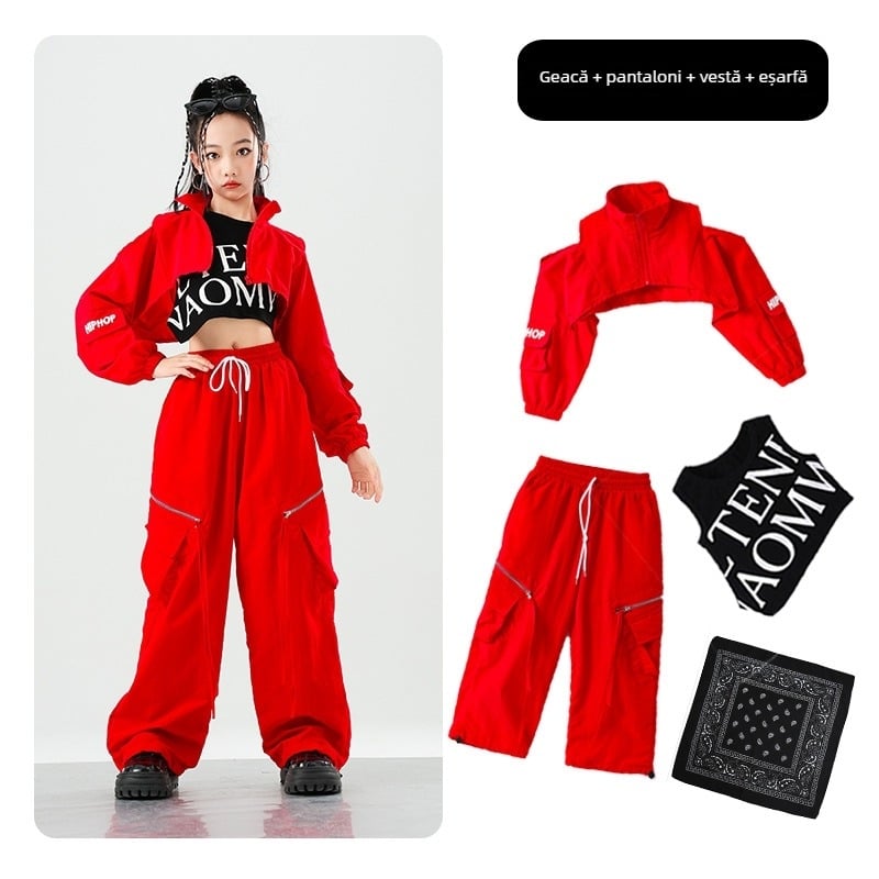 Costum de dans jazz pentru copii – stil stradal, țesătură din fibre de acetat cu tratament moale, fibră principală acetat, sezon vară 2025