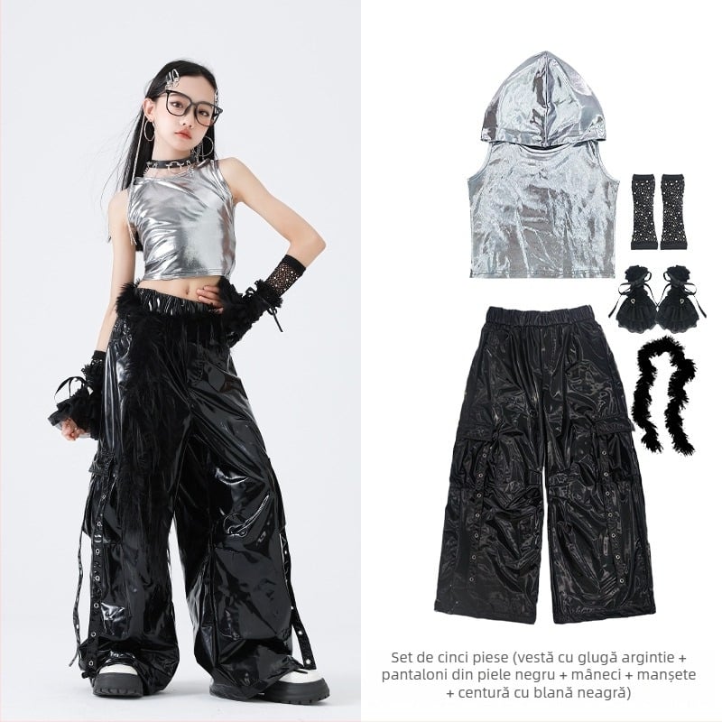 Set de costum hip-hop pentru dans pentru fete – stil Jazz Dance, 100% poliester, Primăvara 2025, vârsta 3–8 ani