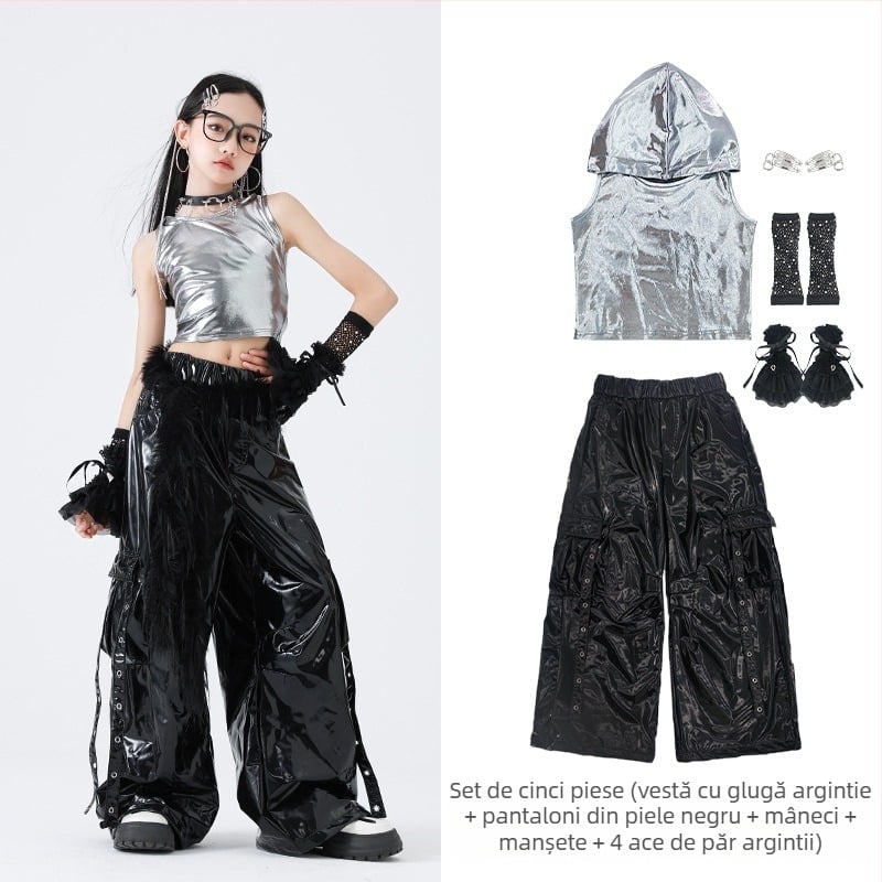 Set de costum hip-hop pentru dans pentru fete – stil Jazz Dance, 100% poliester, Primăvara 2025, vârsta 3–8 ani