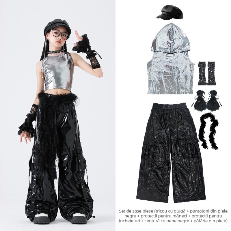 Set de costum hip-hop pentru dans pentru fete – stil Jazz Dance, 100% poliester, Primăvara 2025, vârsta 3–8 ani