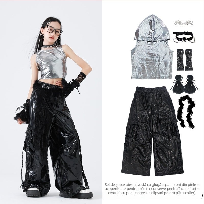 Set de costum hip-hop pentru dans pentru fete – stil Jazz Dance, 100% poliester, Primăvara 2025, vârsta 3–8 ani