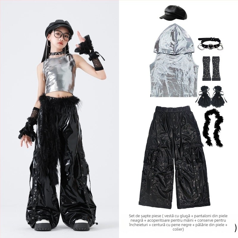 Set de costum hip-hop pentru dans pentru fete – stil Jazz Dance, 100% poliester, Primăvara 2025, vârsta 3–8 ani