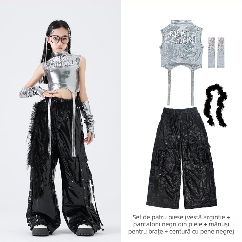 Set de costum hip-hop pentru dans pentru fete – stil Jazz Dance, 100% poliester, Primăvara 2025, vârsta 3–8 ani