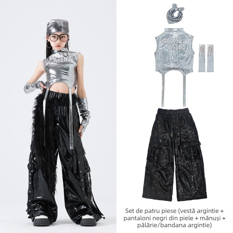 Set de costum hip-hop pentru dans pentru fete – stil Jazz Dance, 100% poliester, Primăvara 2025, vârsta 3–8 ani
