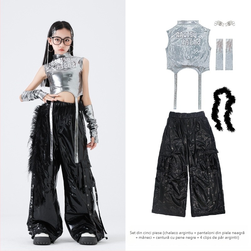 Set de costum hip-hop pentru dans pentru fete – stil Jazz Dance, 100% poliester, Primăvara 2025, vârsta 3–8 ani