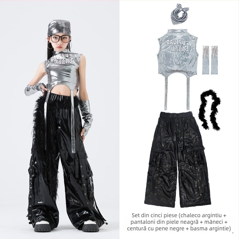 Set de costum hip-hop pentru dans pentru fete – stil Jazz Dance, 100% poliester, Primăvara 2025, vârsta 3–8 ani