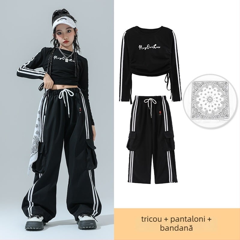 Costum de dans Jazz pentru copii – ținută de scenă pentru fete, fibră de acetat, tratament moale, stil hip-hop, Toamnă 2024