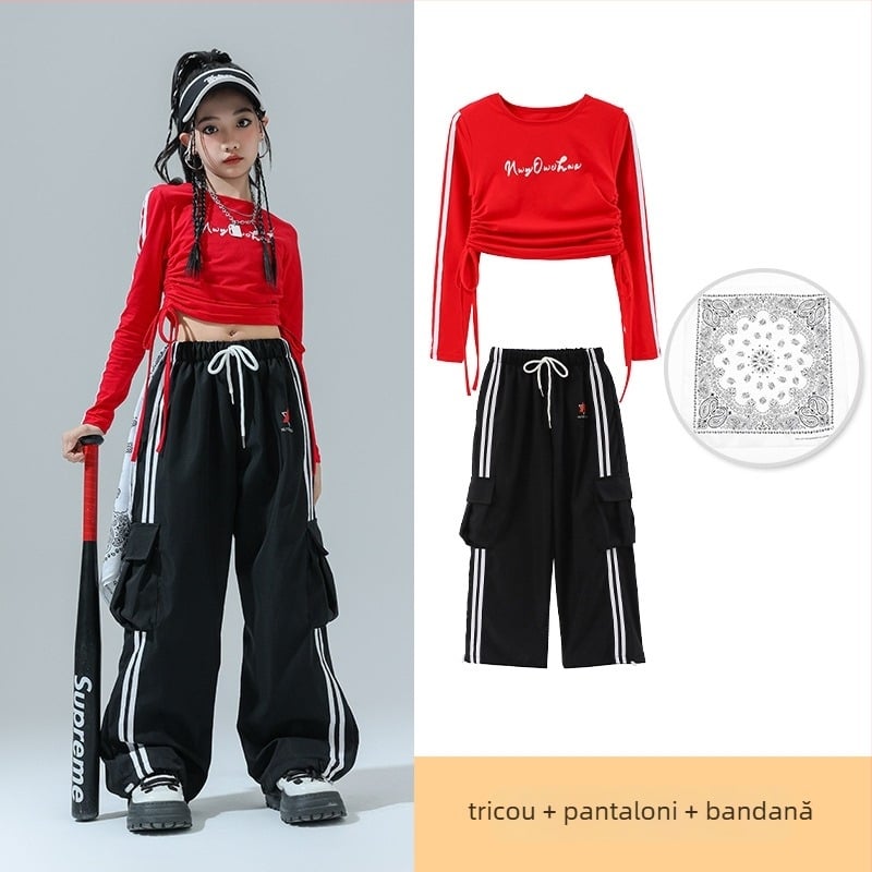 Costum de dans Jazz pentru copii – ținută de scenă pentru fete, fibră de acetat, tratament moale, stil hip-hop, Toamnă 2024