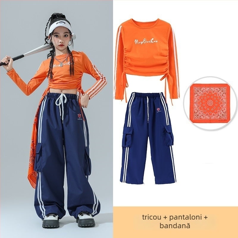 Costum de dans Jazz pentru copii – ținută de scenă pentru fete, fibră de acetat, tratament moale, stil hip-hop, Toamnă 2024