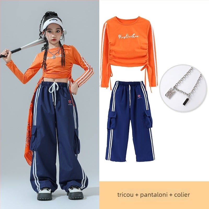 Costum de dans Jazz pentru copii – ținută de scenă pentru fete, fibră de acetat, tratament moale, stil hip-hop, Toamnă 2024