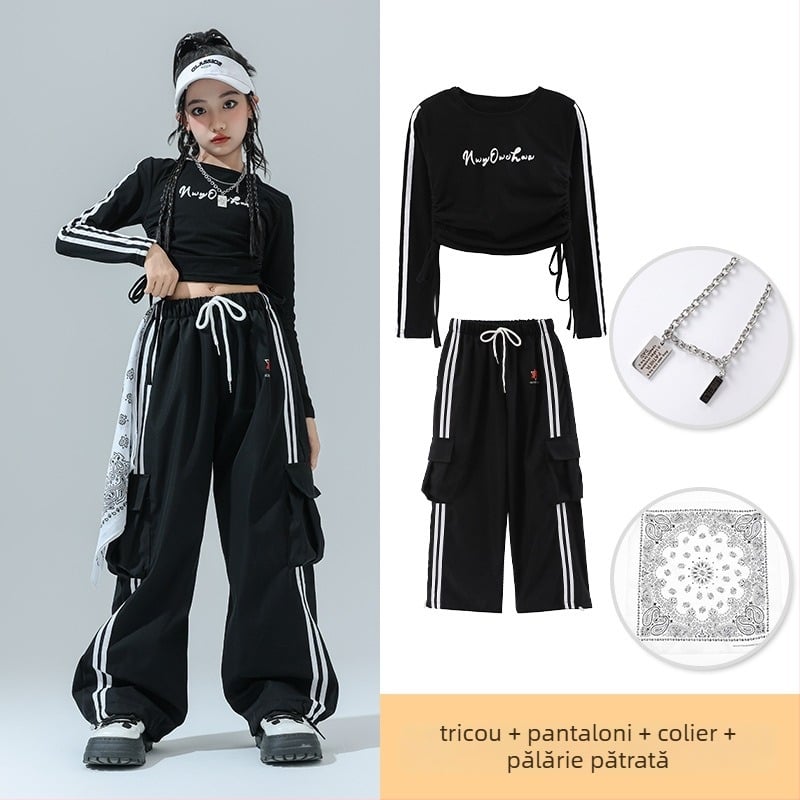 Costum de dans Jazz pentru copii – ținută de scenă pentru fete, fibră de acetat, tratament moale, stil hip-hop, Toamnă 2024