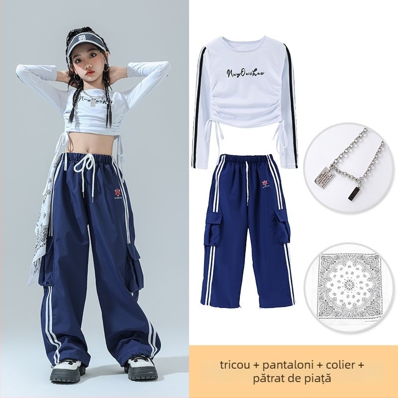 Costum de dans Jazz pentru copii – ținută de scenă pentru fete, fibră de acetat, tratament moale, stil hip-hop, Toamnă 2024