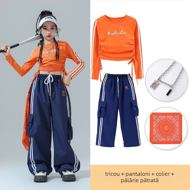 Costum de dans Jazz pentru copii – ținută de scenă pentru fete, fibră de acetat, tratament moale, stil hip-hop, Toamnă 2024