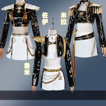 Costum Cosplay – grup vrăjitoare vânătore de demoni, inspirat de o trupă K-Pop; poliester, 95%+ conținut material; Primăvara 2025; Cod produs 123669; potrivit pentru păpuși și roluri în anime