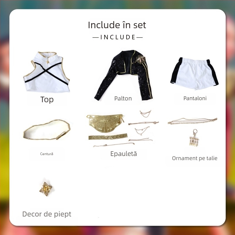 Costum Cosplay – grup vrăjitoare vânătore de demoni, inspirat de o trupă K-Pop; poliester, 95%+ conținut material; Primăvara 2025; Cod produs 123669; potrivit pentru păpuși și roluri în anime