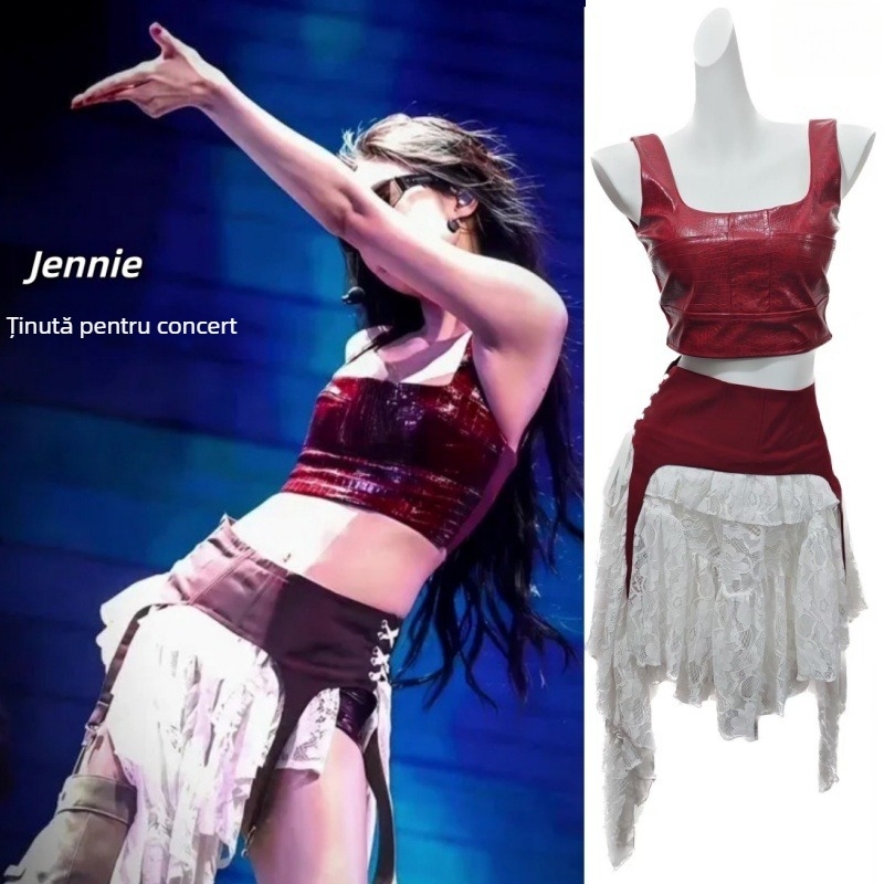 Coachella-inspired Jazz Dance Outfit Set — Vestă din piele de crocodil + fustă asimetrică, material Milk Silk; Poliester ≤30%, Spandex ≤30%; Confecționare: colaj/ cusături; Stil urban