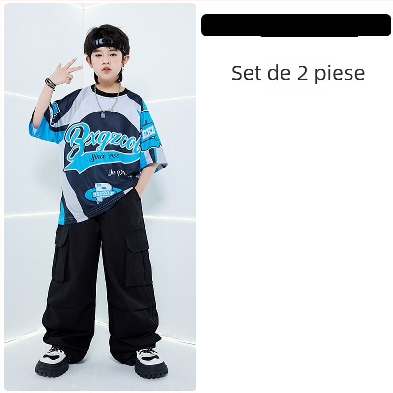 Costum de dans Jazz pentru fete pentru reprezentații de stradă/hip-hop – Vara 2024, 100% poliester, îmbrăcăminte de scenă pentru copii, Clasa de siguranță B, potrivit pentru copii 8+ ani