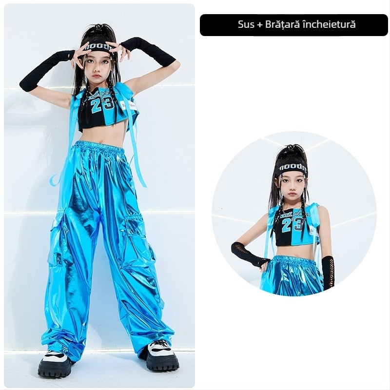 Costum de dans Jazz pentru fete pentru reprezentații de stradă/hip-hop – Vara 2024, 100% poliester, îmbrăcăminte de scenă pentru copii, Clasa de siguranță B, potrivit pentru copii 8+ ani