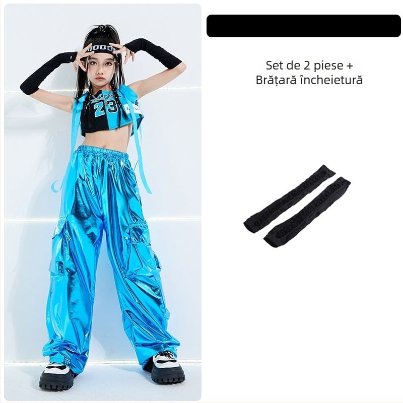 Costum de dans Jazz pentru fete pentru reprezentații de stradă/hip-hop – Vara 2024, 100% poliester, îmbrăcăminte de scenă pentru copii, Clasa de siguranță B, potrivit pentru copii 8+ ani