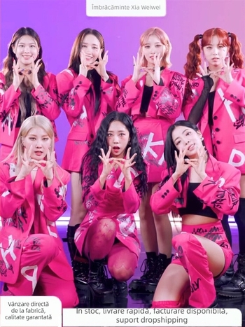 Costum de scenă pentru grupul K-pop feminin, jazz hip-hop, material din bumbac, conținut 80-90% bumbac, lansare primăvară 2025, stil: hip-hop, tip stil: japonez/koreean liber