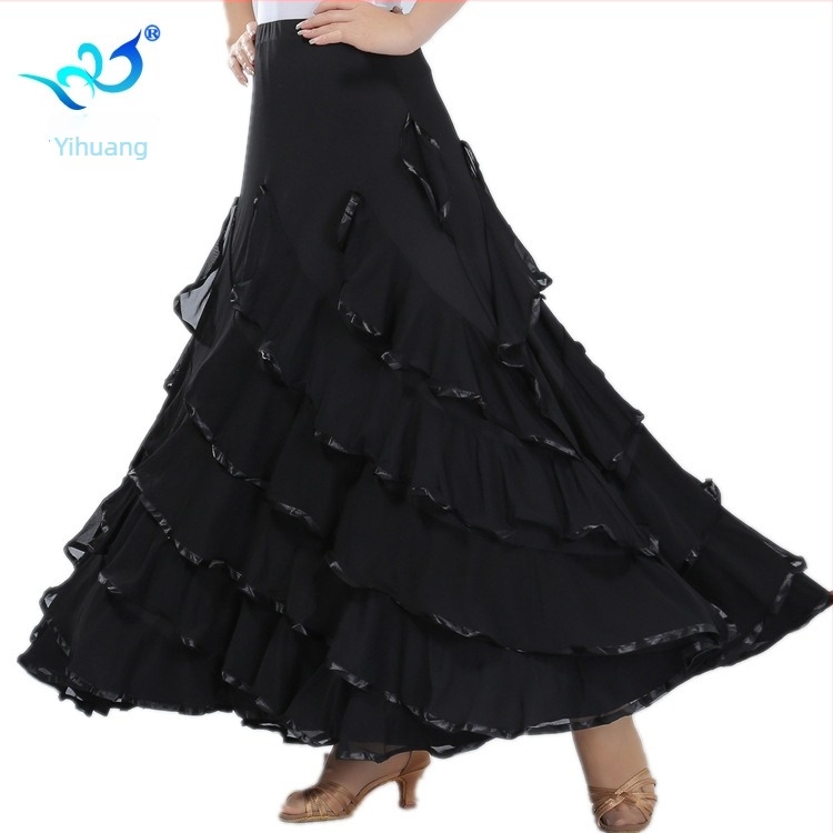 Fustă de dans de sală pentru antrenament, croială cu leagăn mare, Material Milk Silk, Poliester cu Spandex (<30%), Dansuri standard naționale, Femeie, Vara 2024