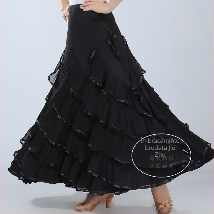 Fustă de dans de sală pentru antrenament, croială cu leagăn mare, Material Milk Silk, Poliester cu Spandex (<30%), Dansuri standard naționale, Femeie, Vara 2024