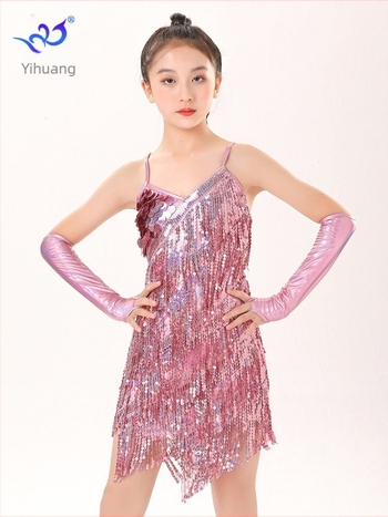 Rochie de dans latino pentru copii, cu paiete și ciucuri – costum de scenă, poliester 95%+ și spandex