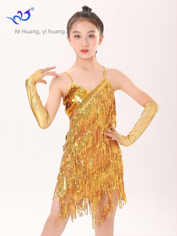 Rochie de dans latino pentru copii, cu paiete și ciucuri – costum de scenă, poliester 95%+ și spandex