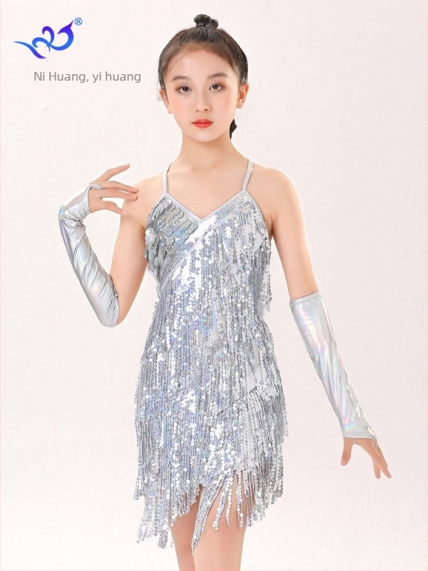 Rochie de dans latino pentru copii, cu paiete și ciucuri – costum de scenă, poliester 95%+ și spandex