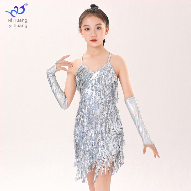 Rochie de dans latino pentru copii, cu paiete și ciucuri – costum de scenă, poliester 95%+ și spandex