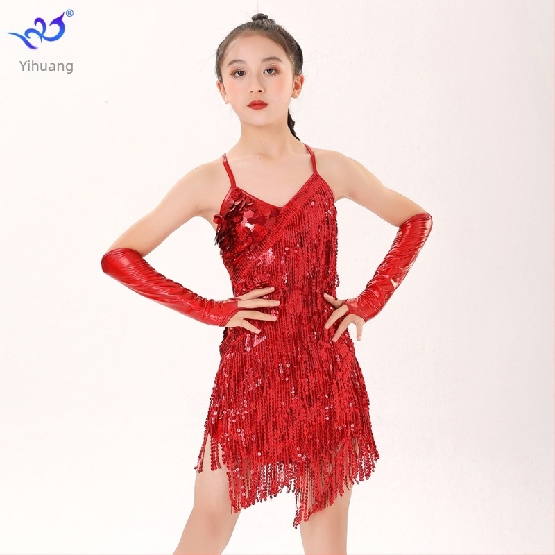 Rochie de dans latino pentru copii, cu paiete și ciucuri – costum de scenă, poliester 95%+ și spandex
