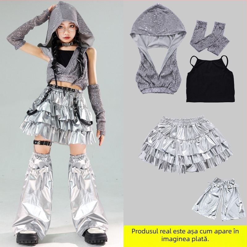 Costum de dans pentru fete cu paiete – Jazz Hip-Hop, pentru spectacole, vara 2024, pentru copii de peste 8 ani