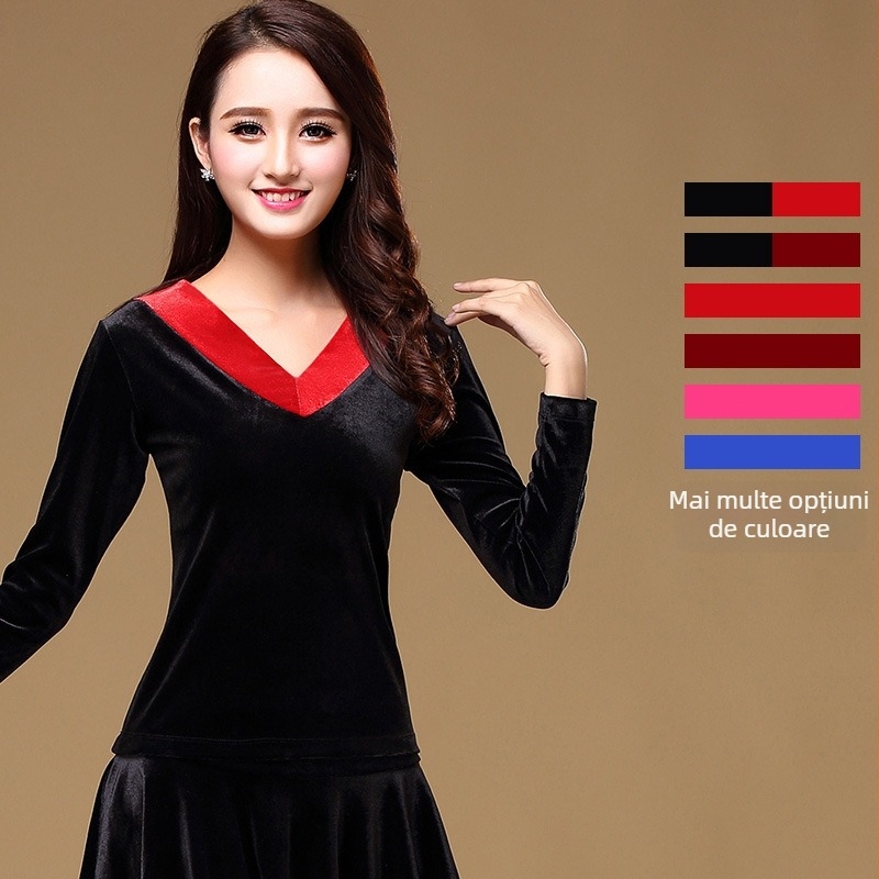 Set de costum pentru square dance din catifea cu decolteu în V; 90% elastan; căptușeală de catifea; pentru reprezentații de iarnă și toamnă; pentru femei de vârstă înaintată; potrivit pentru scenă, dansul de stomac, dansul latino, dansul popular