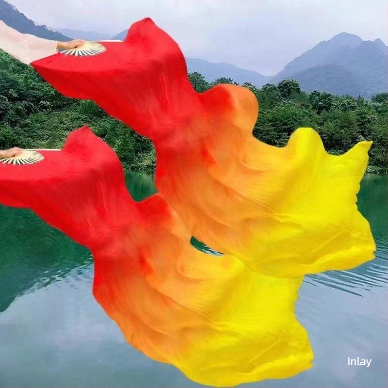 Fanar lung de dans oriental din mătase, cu flamă gradient în trei culori și motiv koi, pentru adulți, lansare vară 2021