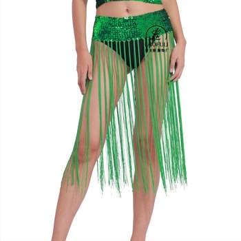 Costum Belly Dance cu centură de talie din paiete și fustă cu ciucuri — stil prințesă, materiale: acrilic ≤30%, poliester 90–95%