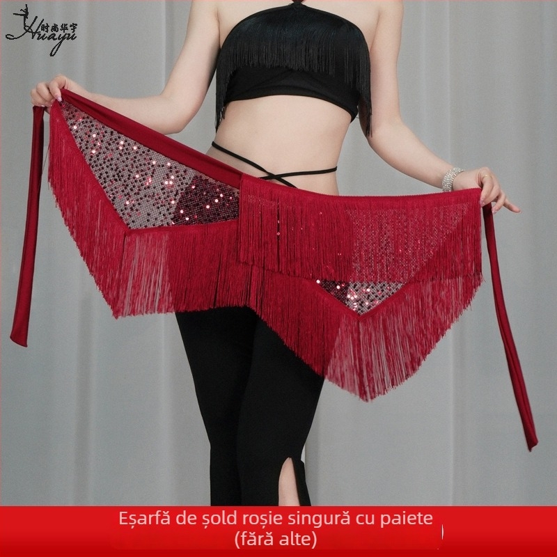 Șal de șold pentru dansul belly cu paiete și ciucuri, curea de scenă, material poliester, accente cristal, vară 2025, femei 18–24