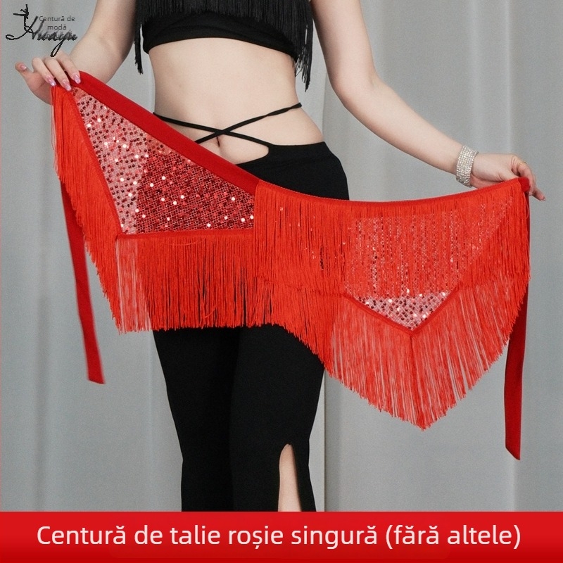 Șal de șold pentru dansul belly cu paiete și ciucuri, curea de scenă, material poliester, accente cristal, vară 2025, femei 18–24