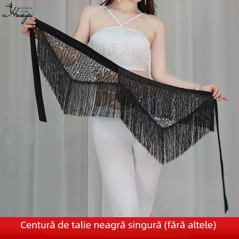 Șal de șold pentru dansul belly cu paiete și ciucuri, curea de scenă, material poliester, accente cristal, vară 2025, femei 18–24