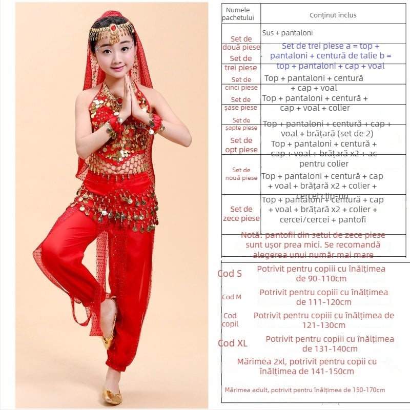 Set de costum de dans pentru copii pentru belly dance și dansuri populare, pentru repetiții și reprezentații, 120D chiffon