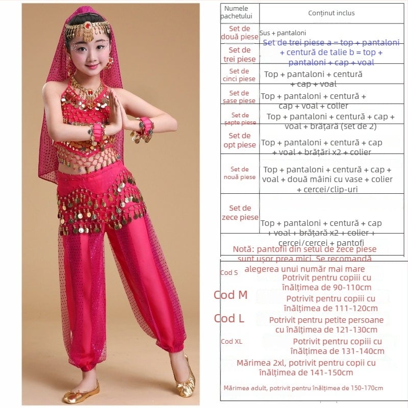 Set de costum de dans pentru copii pentru belly dance și dansuri populare, pentru repetiții și reprezentații, 120D chiffon