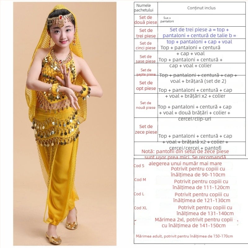 Set de costum de dans pentru copii pentru belly dance și dansuri populare, pentru repetiții și reprezentații, 120D chiffon