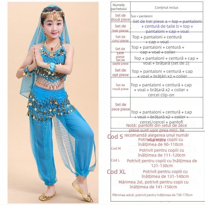 Set de costum de dans pentru copii pentru belly dance și dansuri populare, pentru repetiții și reprezentații, 120D chiffon