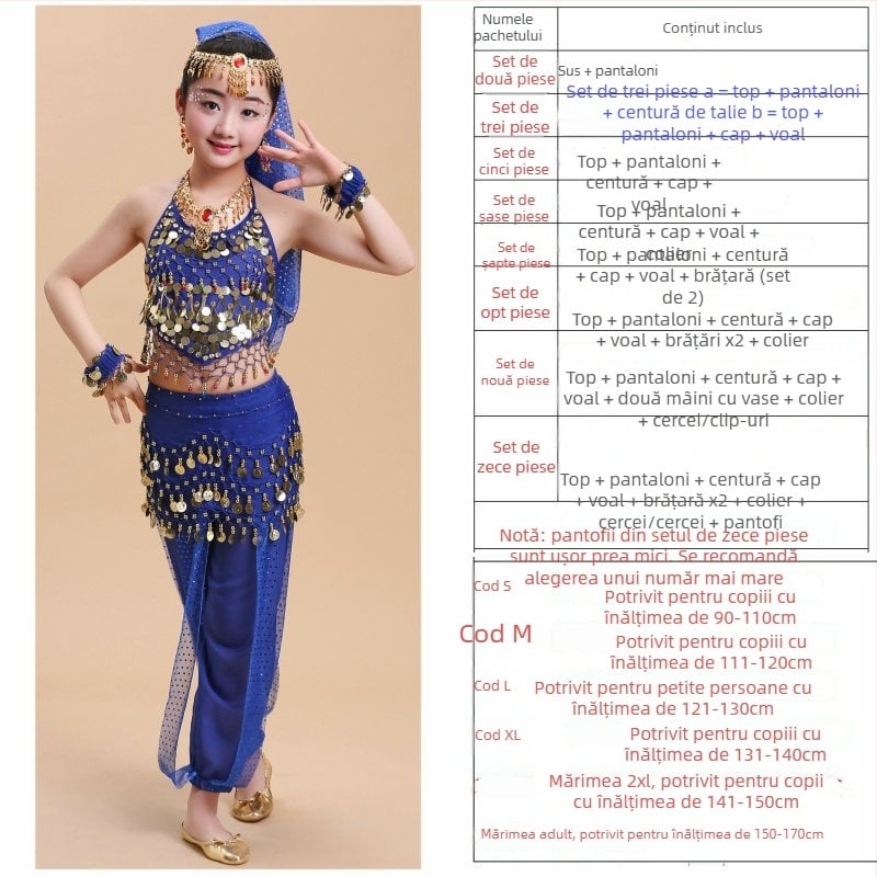 Set de costum de dans pentru copii pentru belly dance și dansuri populare, pentru repetiții și reprezentații, 120D chiffon