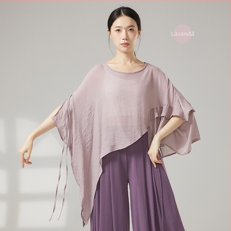 Top de dans pentru femei, stil chinezesc, din voal de plasă cu protecție solară, material viscose cu căptușeală de bumbac, potrivit pentru toate sezoanele, pentru scenă și dans modern de stradă