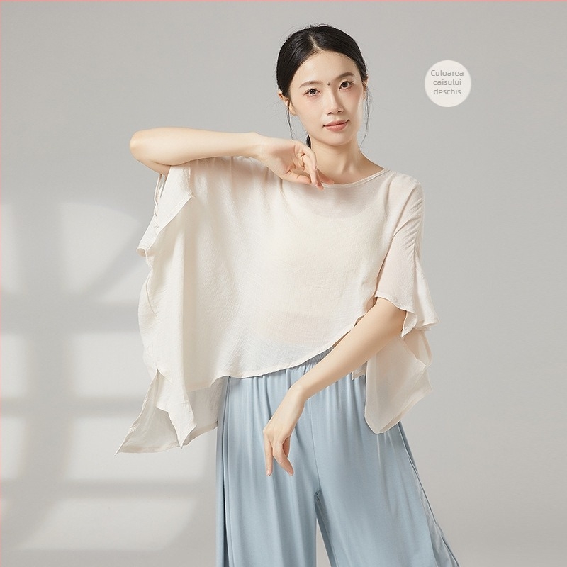 Top de dans pentru femei, stil chinezesc, din voal de plasă cu protecție solară, material viscose cu căptușeală de bumbac, potrivit pentru toate sezoanele, pentru scenă și dans modern de stradă