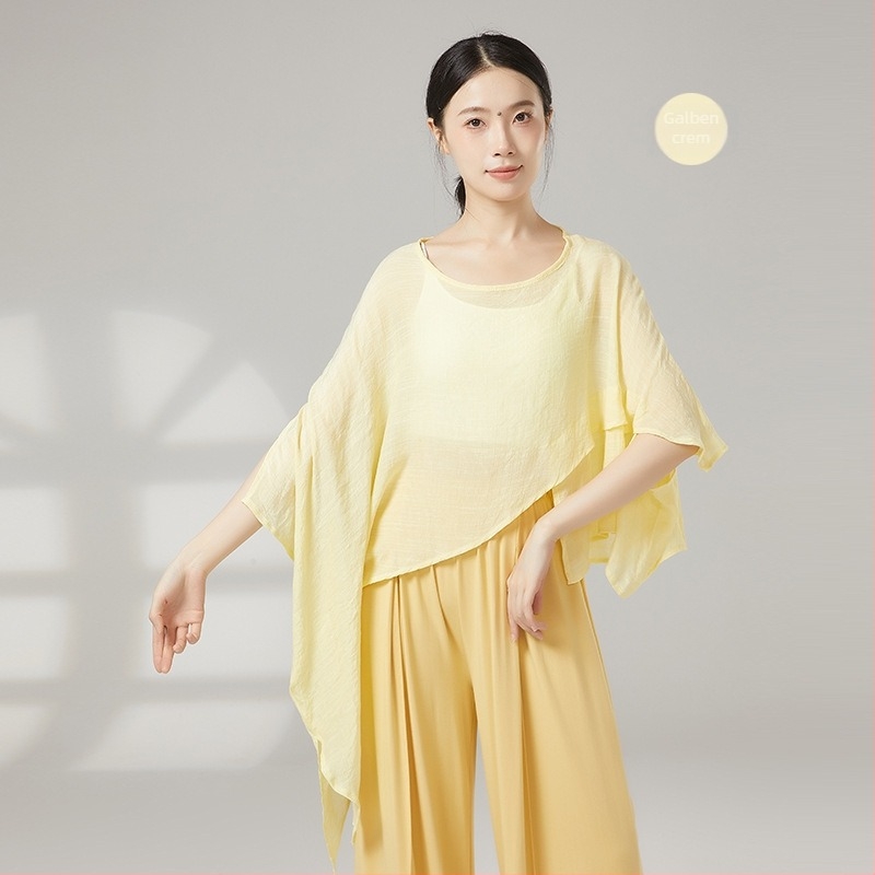 Top de dans pentru femei, stil chinezesc, din voal de plasă cu protecție solară, material viscose cu căptușeală de bumbac, potrivit pentru toate sezoanele, pentru scenă și dans modern de stradă